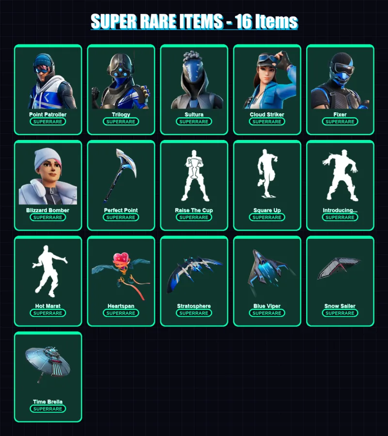 [PS4/PS5/XBOX/PC] | Point Patroller | Trilogy | Sultura | Cloud Striker | Fixer | 118 skin | 152 pickaxe | 123 emote | 144 glider | Lv1600