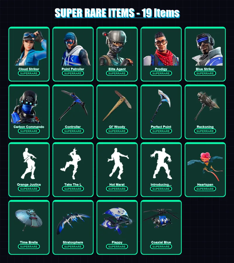 [PC/XBOX] | Cloud Striker | Point Patroller | Elite Agent | Prodigy | Blue Striker | 122 skin | 130 pickaxe | 121 emote | 134 glider | Lv1987