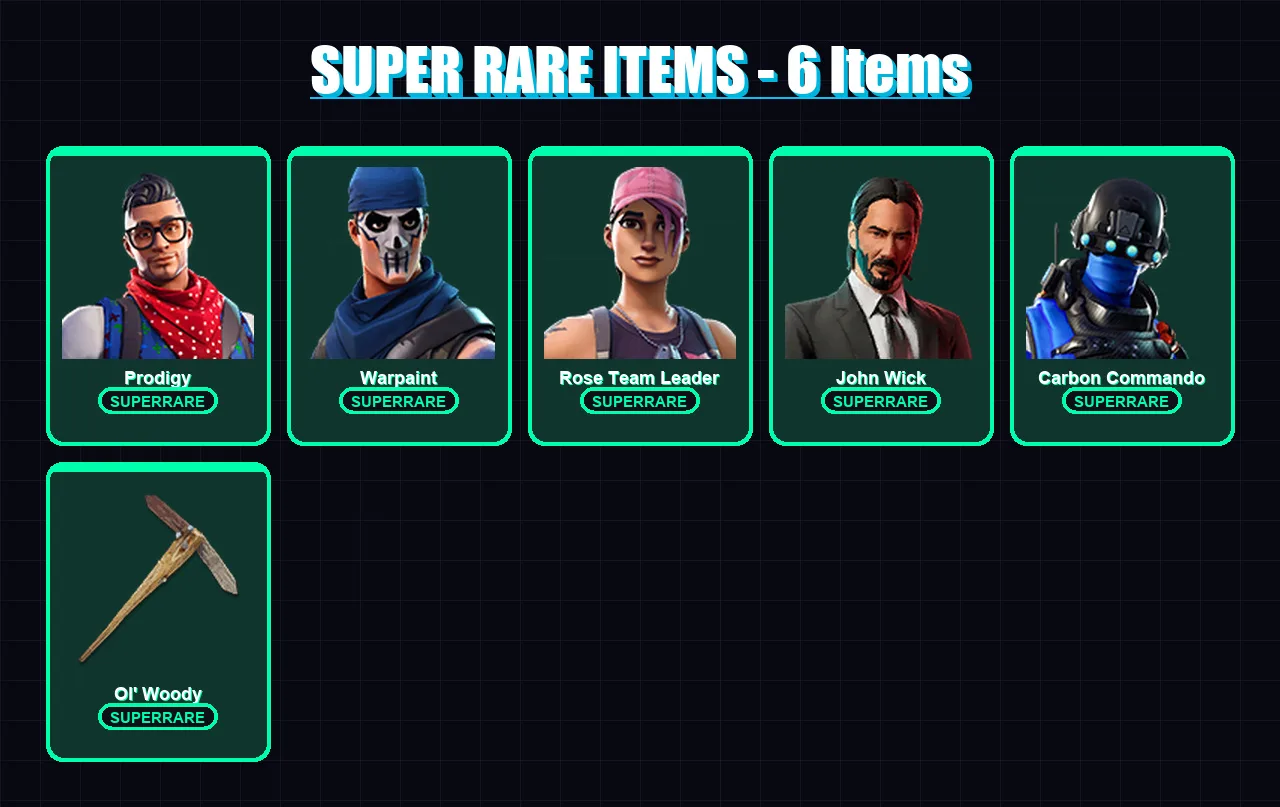 [PS4/PS5/XBOX/PC] | Prodigy | Warpaint | Rose Team Leader | John Wick | Carbon Commando | 14 skin | 12 pickaxe | 10 emote | 18 glider | Lv162