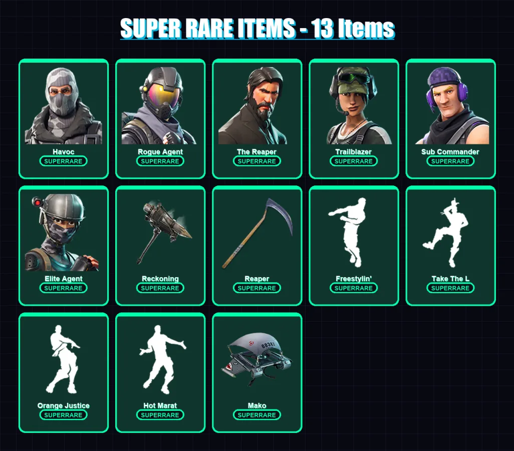 [PC/XBOX] | Havoc | Rogue Agent | The Reaper | Trailblazer | Sub Commander | 86 skin | 86 pickaxe | 90 emote | 89 glider | Lv1354