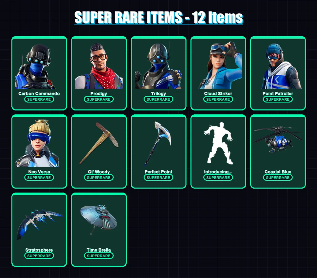 [PC] | Carbon Commando | Prodigy | Trilogy | Cloud Striker | Point Patroller | 207 skin | 227 pickaxe | 158 emote | 182 glider | Lv2434 — Fortnite account