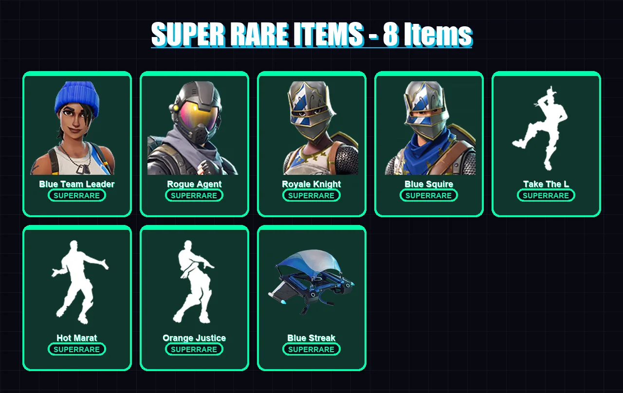 [PC/XBOX/PSN] | Blue Team Leader | Rogue Agent | Royale Knight | Blue Squire | Lynx | 23 skin | 24 pickaxe | 27 emote | 33 glider | Lv392