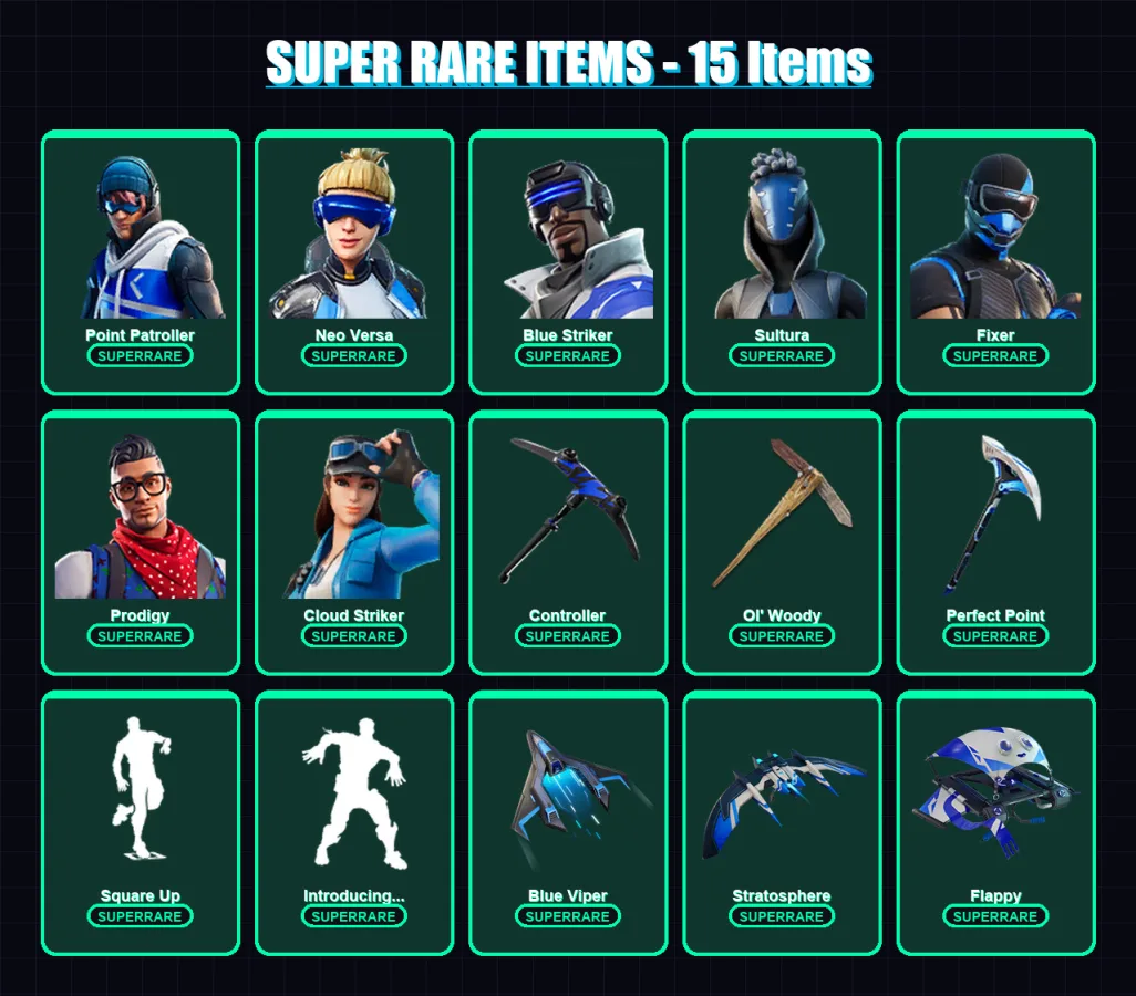[PC/PSN] | Point Patroller | Neo Versa | Blue Striker | Sultura | Fixer | 46 skin | 67 pickaxe | 33 emote | 41 glider | Lv540
