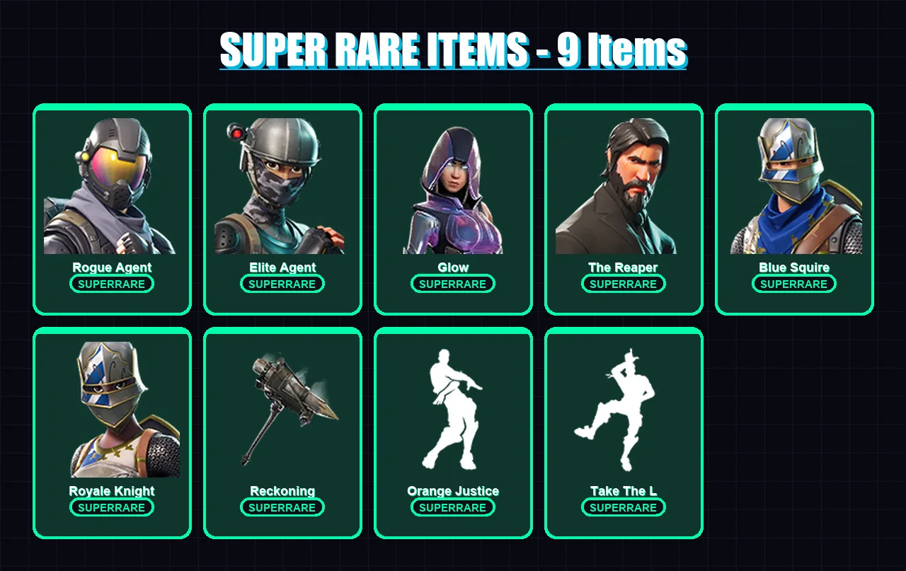 [PS4/PS5/XBOX/PC] | Rogue Agent | Elite Agent | Glow | The Reaper | Blue Squire | 50 skin | 58 pickaxe | 72 emote | 55 glider | Lv1151