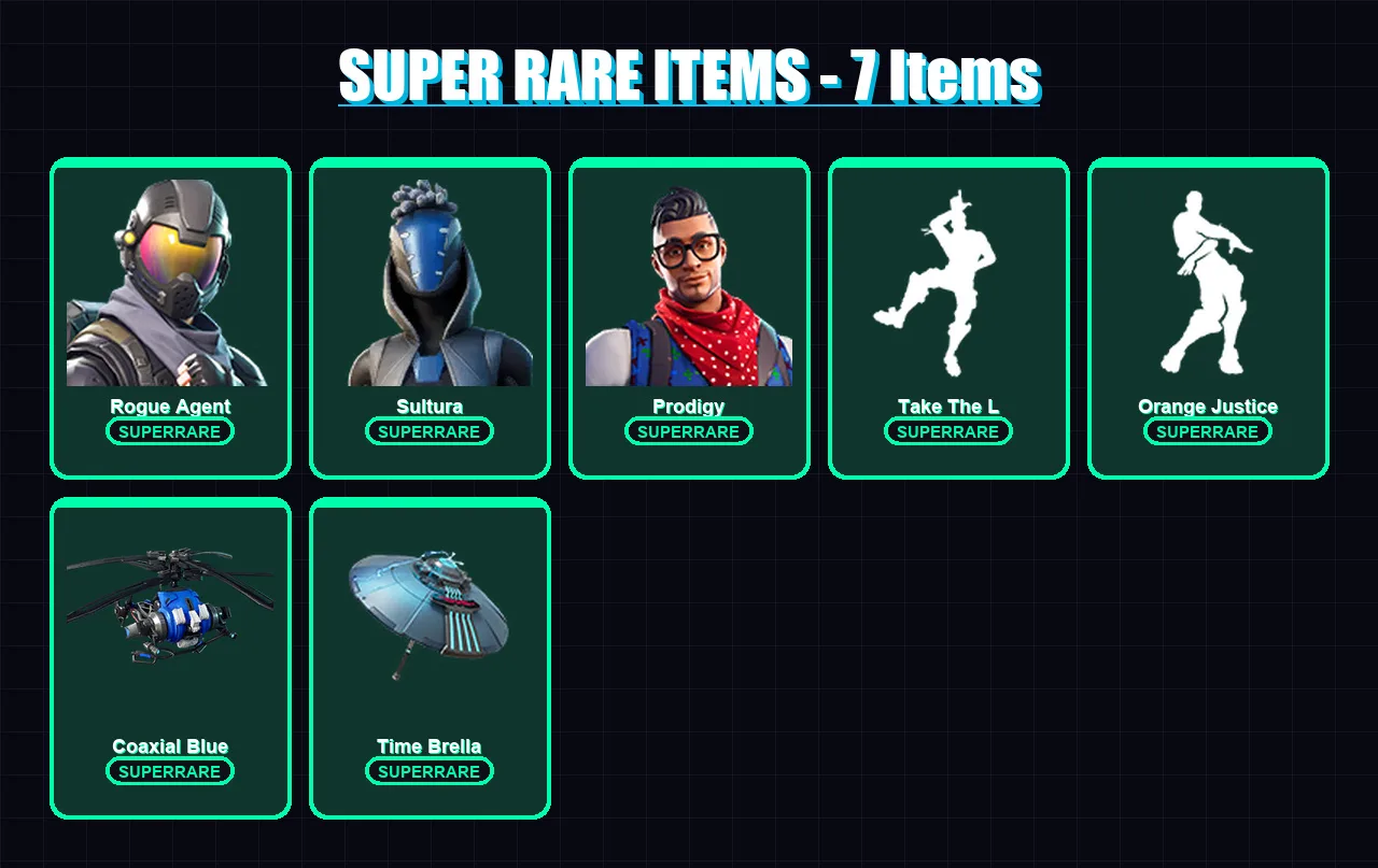 [PS4/PS5/XBOX/PC] | Rogue Agent | Sultura | Prodigy | Carbide | Ronin | 69 skin | 86 pickaxe | 103 emote | 92 glider | Lv1180
