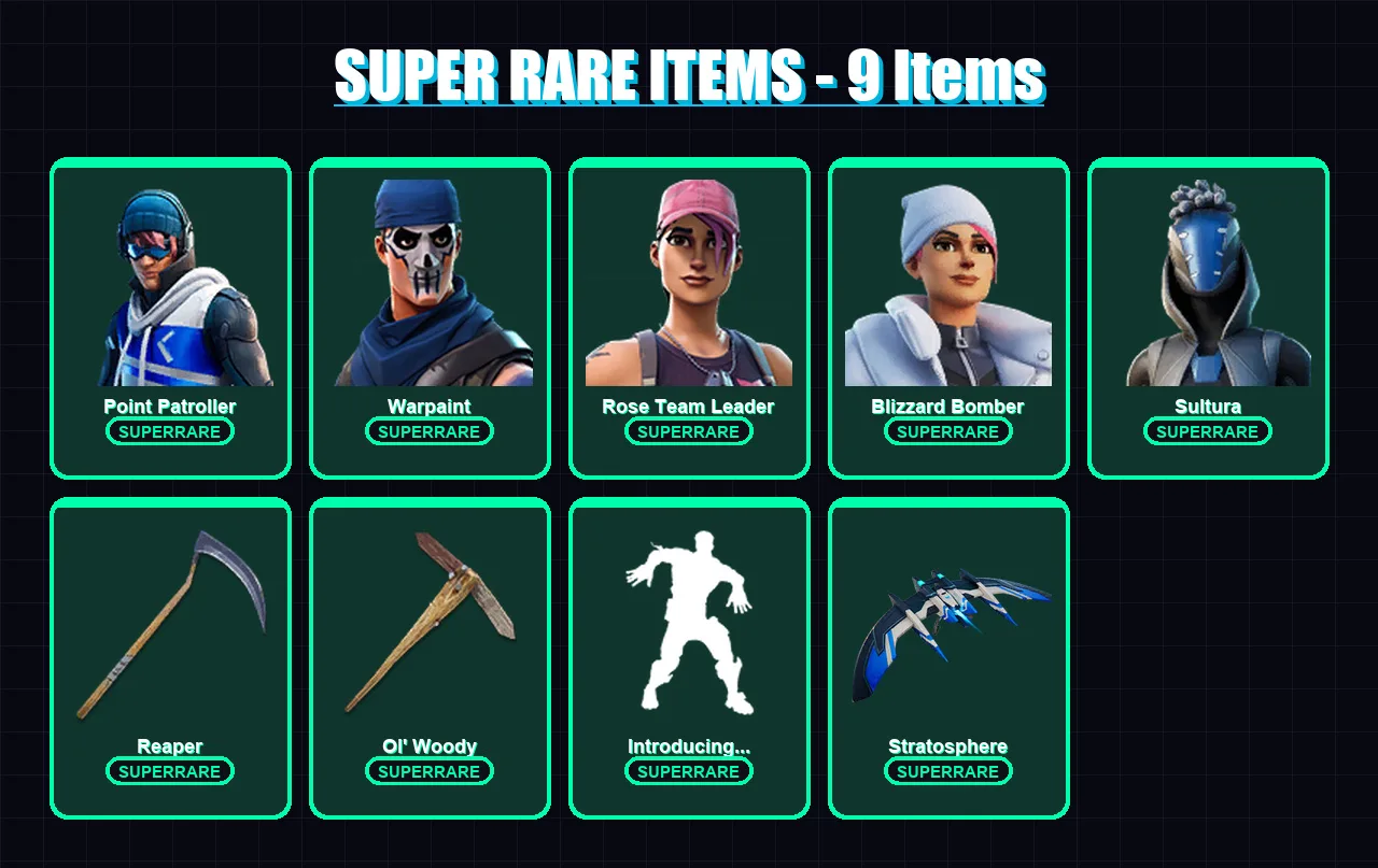 [PS4/PS5/XBOX/PC] | Point Patroller | Warpaint | Rose Team Leader | Blizzard Bomber | Sultura | 97 skin | 128 pickaxe | 86 emote | 115 glider | Lv14