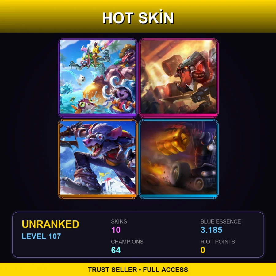 JP | Pool Party Mundo | Battlecast Prime Cho'Gath | Whistler Village Twitch | Piltover Customs Blitzcrank | 10 Skin | 64 Champ | Lv107