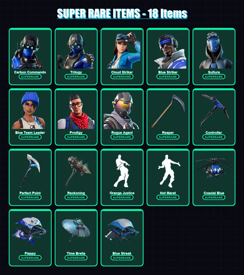 [PS4/PS5/XBOX/PC] | Carbon Commando | Trilogy | Cloud Striker | Blue Striker | Sultura | 113 skin | 100 pickaxe | 85 emote | 104 glider | Lv1420