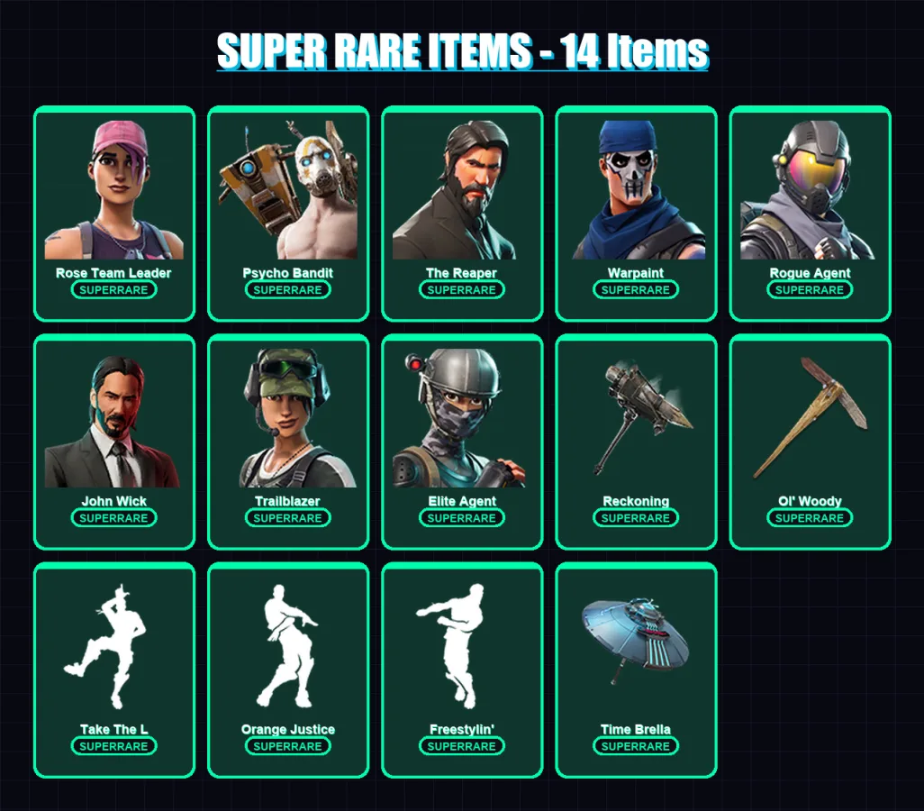 [PS4/PS5/PC] | Rose Team Leader | Psycho Bandit | The Reaper | Warpaint | Rogue Agent | 107 skin | 115 pickaxe | 95 emote | 93 glider | Lv1161