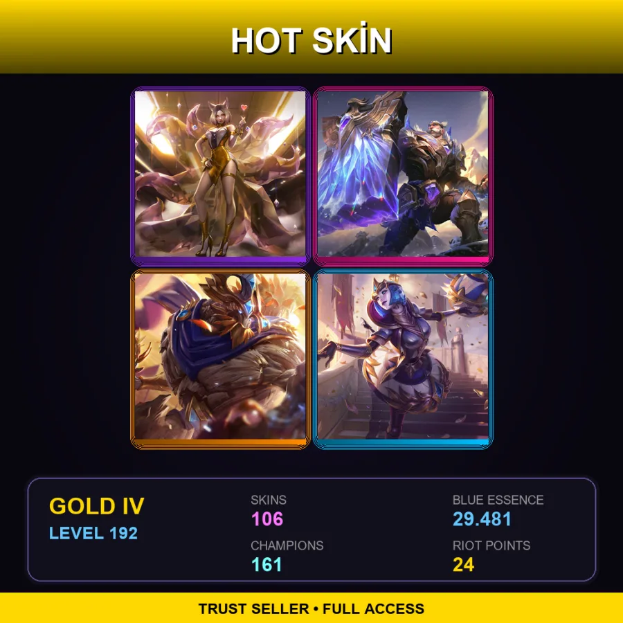 EUW | Lv192 | Gold IV | 106 Skin | 161 Champ — LoL account