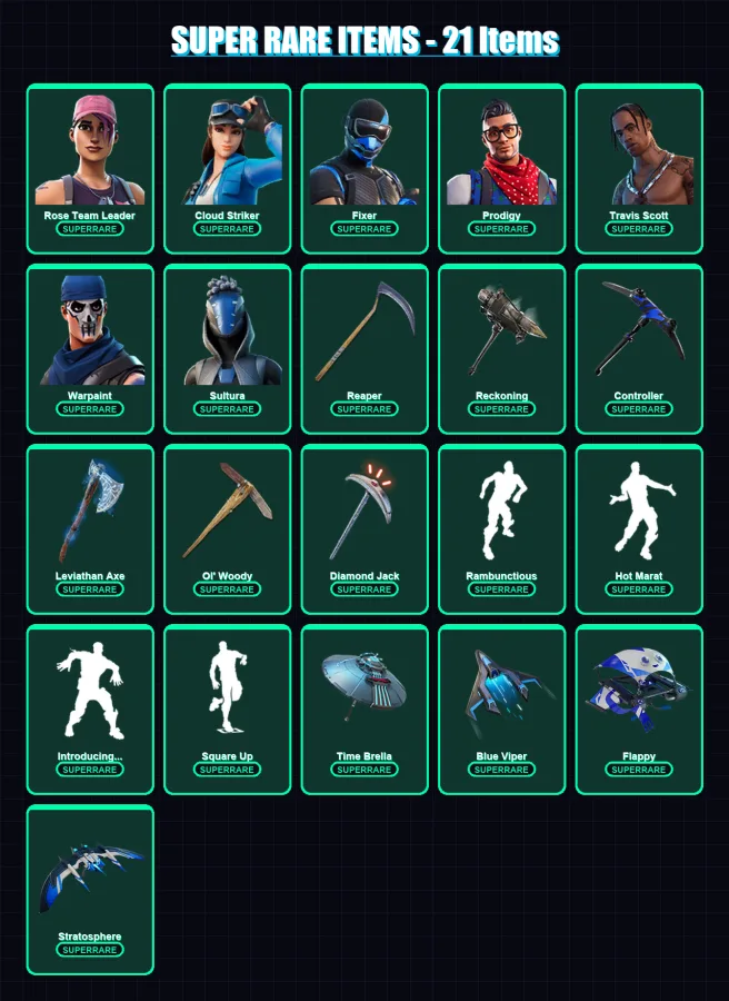 [PC/XBOX/PSN] | Rose Team Leader | Cloud Striker | Fixer | Prodigy | Travis Scott | 204 skin | 208 pickaxe | 203 emote | 159 glider | Lv1878
