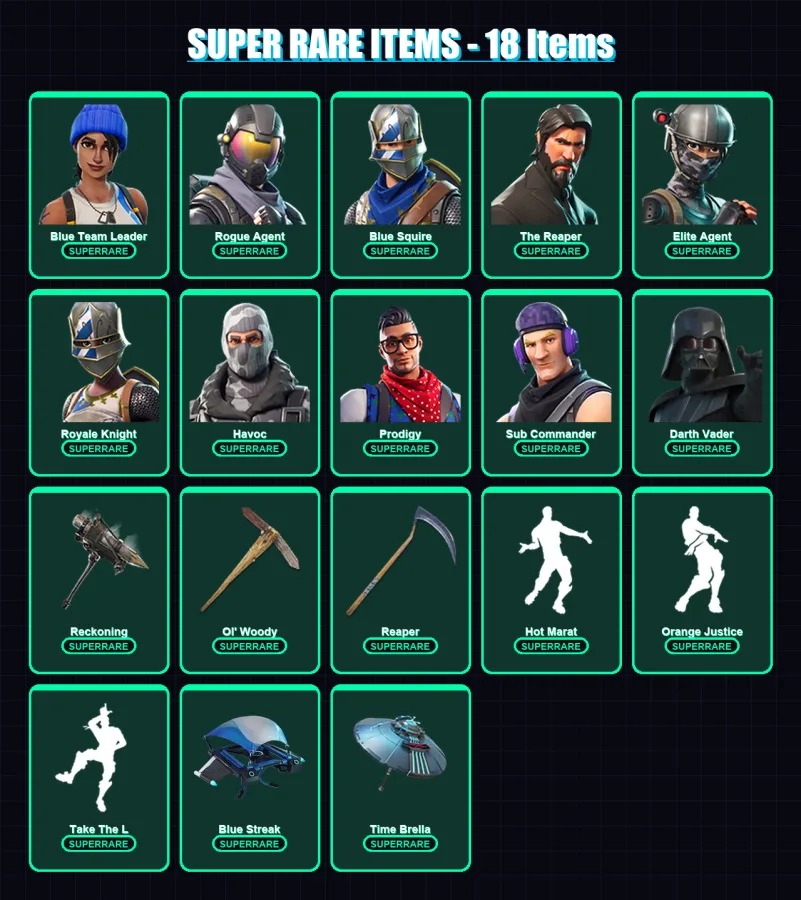 [PC/XBOX] | Blue Team Leader | Rogue Agent | Blue Squire | The Reaper | Elite Agent | 109 skin | 84 pickaxe | 87 emote | 83 glider | Lv1196 — Fortnite account