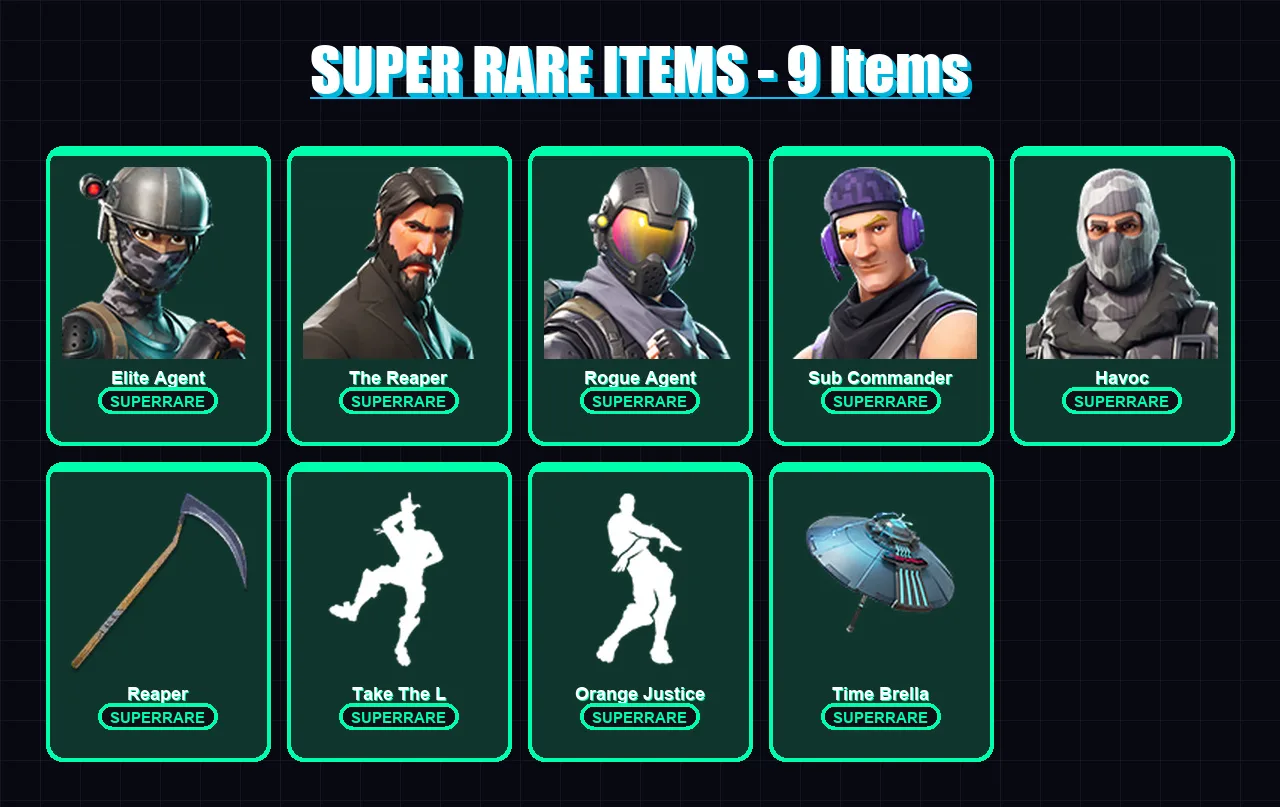 [PC/XBOX] | Elite Agent | The Reaper | Rogue Agent | Sub Commander | Havoc | 85 skin | 134 pickaxe | 87 emote | 98 glider | Lv1776