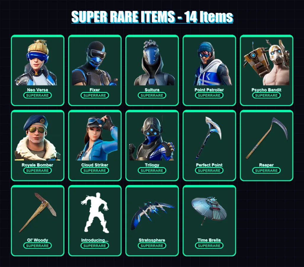 [PS4/PS5/XBOX/PC] | Neo Versa | Fixer | Sultura | Point Patroller | Psycho Bandit | 115 skin | 154 pickaxe | 89 emote | 107 glider | Lv1683 — Fortnite account
