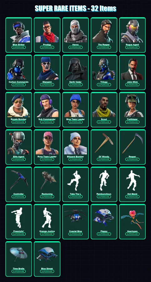 [PS4/PS5/XBOX/PC] | Blue Striker | Prodigy | Havoc | The Reaper | Rogue Agent | 207 skin | 160 pickaxe | 224 emote | 140 glider | Lv1843