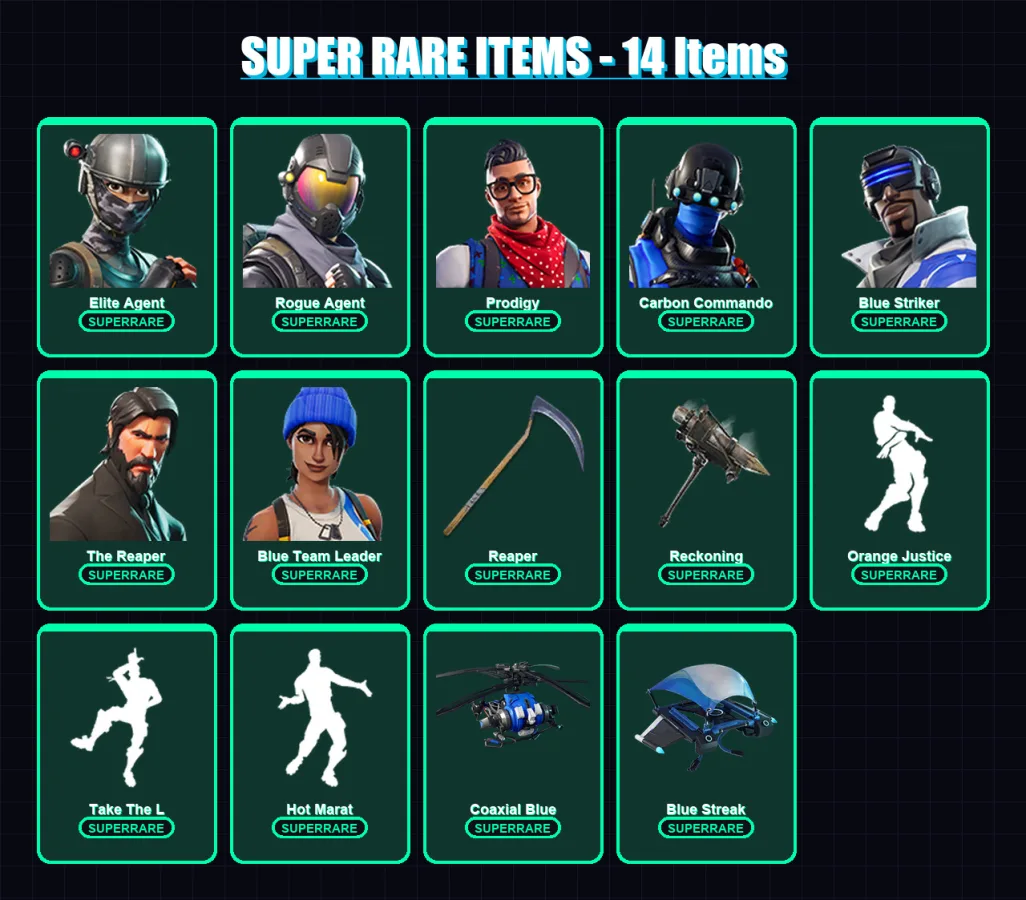 [PC/PSN] | Elite Agent | Rogue Agent | Prodigy | Carbon Commando | Blue Striker | 65 skin | 63 pickaxe | 88 emote | 65 glider | Lv965