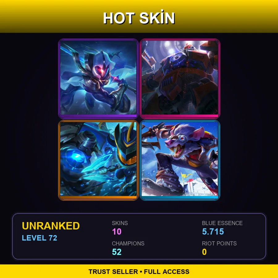 EUW | Lv72 | Unranked | 10 Skin | 52 Champ — LoL account