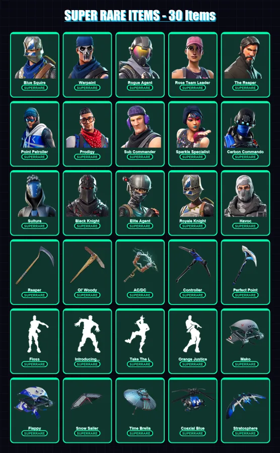 [PC/XBOX] | Blue Squire | Warpaint | Rogue Agent | Rose Team Leader | The Reaper | 238 skin | 175 pickaxe | 173 emote | 131 glider | Lv1783 — Fortnite account