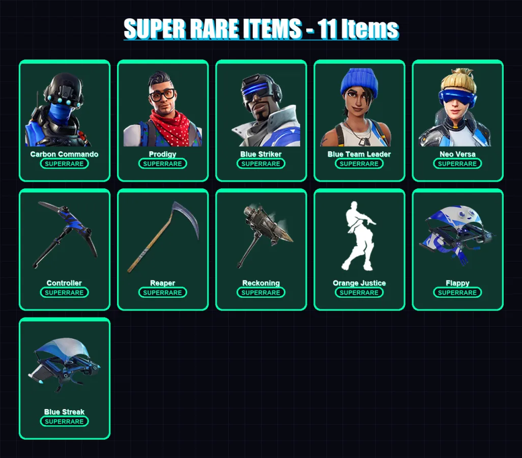 [PC/XBOX/PSN] | Carbon Commando | Prodigy | Blue Striker | Blue Team Leader | Neo Versa | 41 skin | 26 pickaxe | 35 emote | 36 glider | Lv465