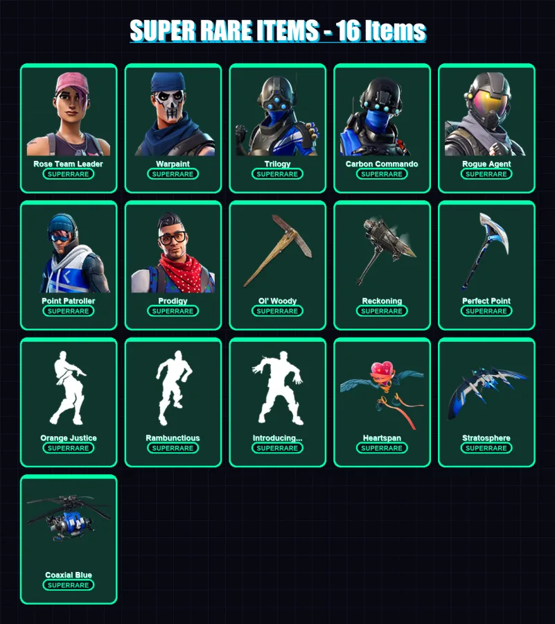[PC/XBOX] | Rose Team Leader | Warpaint | Trilogy | Carbon Commando | Rogue Agent | 100 skin | 93 pickaxe | 84 emote | 87 glider | Lv906