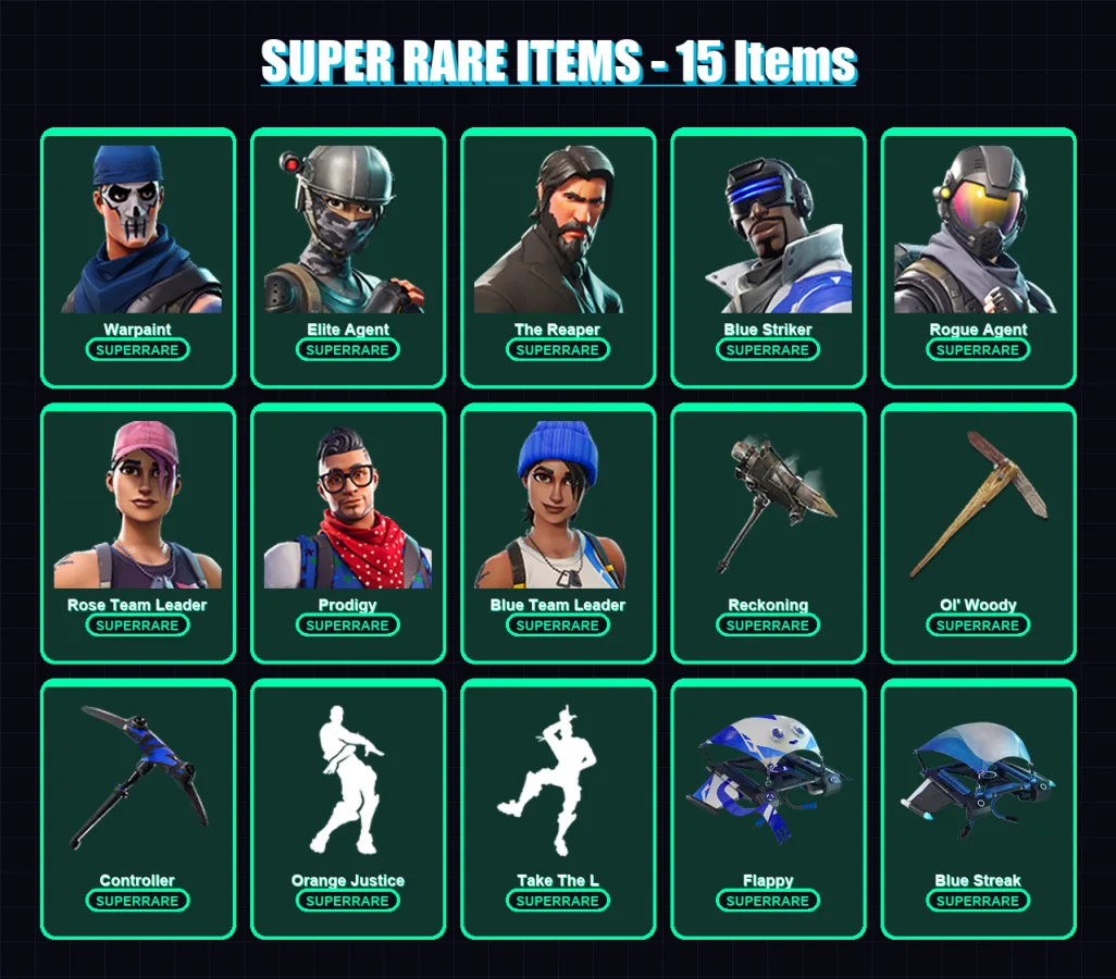 [PC/XBOX] | Warpaint | Elite Agent | The Reaper | Blue Striker | Rogue Agent | 57 skin | 75 pickaxe | 66 emote | 75 glider | Lv943
