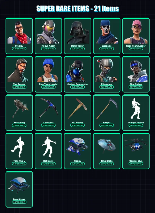 [PC/XBOX] | Prodigy | Rogue Agent | Darth Vader | Warpaint | Rose Team Leader | 91 skin | 92 pickaxe | 75 emote | 90 glider | Lv1044
