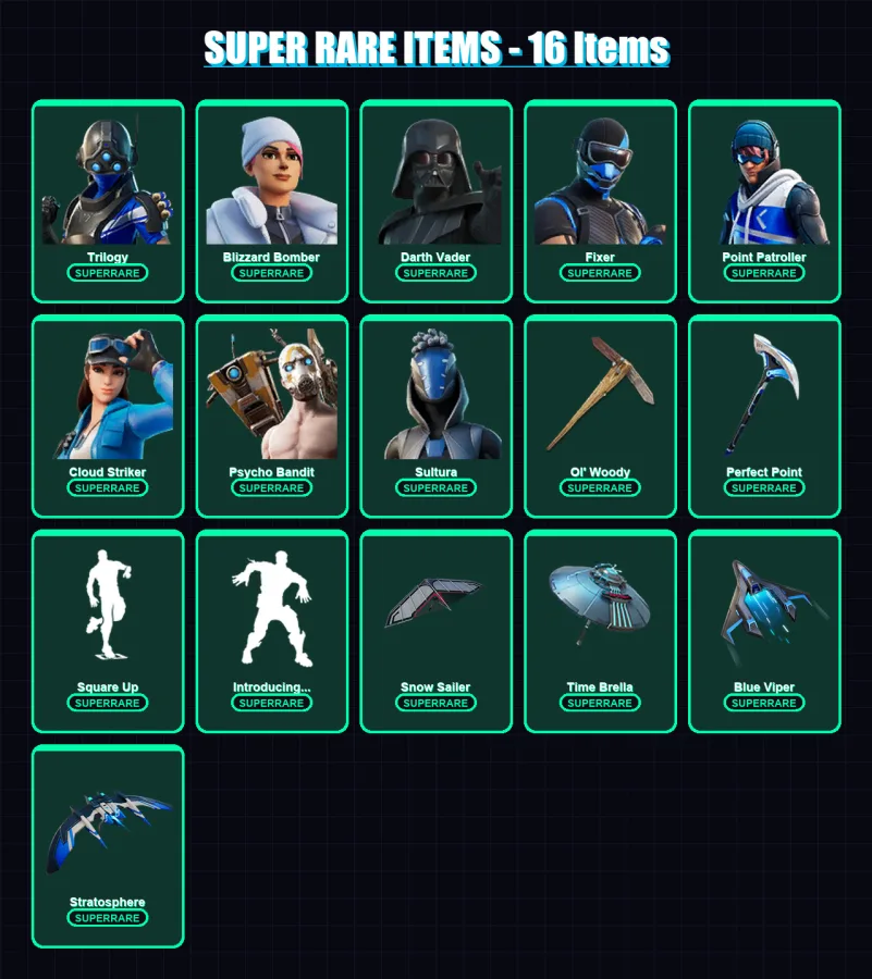 [PS4/PS5/XBOX/PC] | Trilogy | Blizzard Bomber | Darth Vader | Fixer | Point Patroller | 212 skin | 207 pickaxe | 173 emote | 151 glider | Lv1634