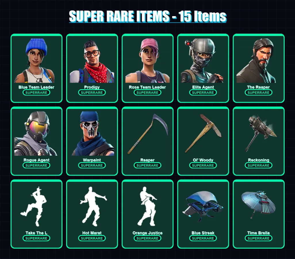 [PS4/PS5/XBOX/PC] | Blue Team Leader | Prodigy | Rose Team Leader | Elite Agent | The Reaper | 54 skin | 38 pickaxe | 53 emote | 43 glider | Lv512