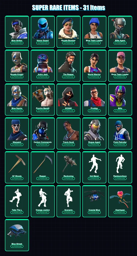 [PC/XBOX/PSN] | Blue Striker | Honor Guard | Royale Bomber | Blue Team Leader | Elite Agent | 252 skin | 159 pickaxe | 244 emote | 137 glider | Lv23