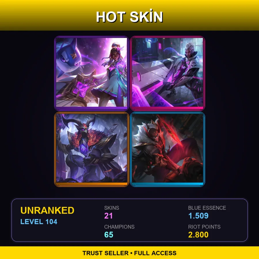 EUW | Lv104 | Unranked | 21 Skin | 65 Champ — LoL account