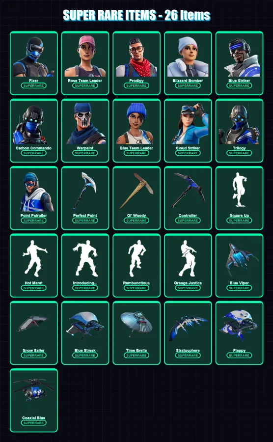 [PC/XBOX] | Fixer | Rose Team Leader | Prodigy | Blizzard Bomber | Blue Striker | 190 skin | 180 pickaxe | 195 emote | 129 glider | Lv1690