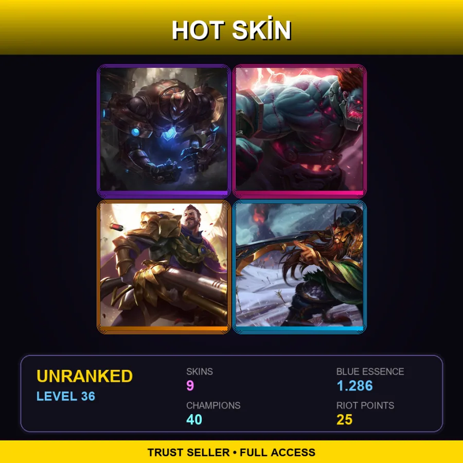 LAN | Hextech Galio | Hextech Sion | Victorious Graves | Warring Kingdoms Tryndamere | 9 Skin | 40 Champ | Lv36