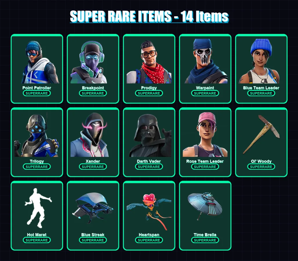 [PC/XBOX] | Point Patroller | Breakpoint | Prodigy | Warpaint | Blue Team Leader | 147 skin | 173 pickaxe | 142 emote | 140 glider | Lv1959