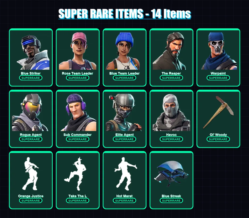[PC/XBOX/PSN] | Blue Striker | Rose Team Leader | Blue Team Leader | The Reaper | Warpaint | 56 skin | 48 pickaxe | 59 emote | 58 glider | Lv818