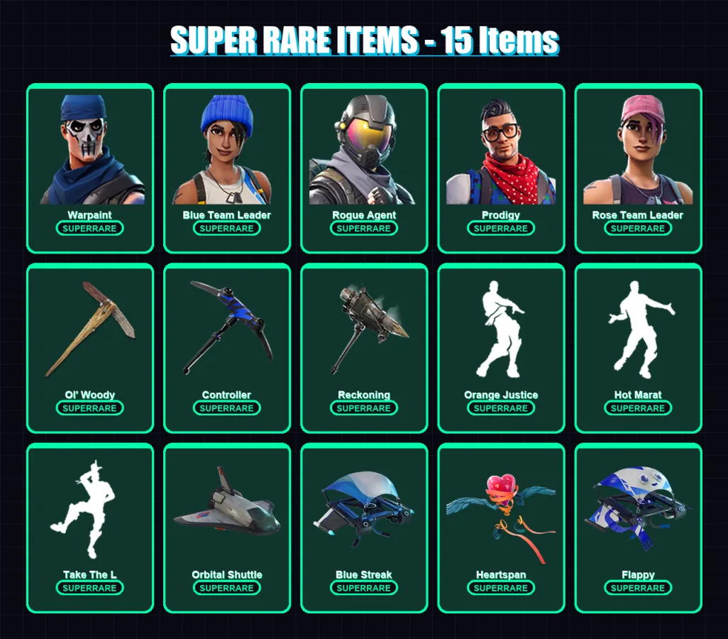 [PS4/PS5/XBOX/PC] | Warpaint | Blue Team Leader | Rogue Agent | Prodigy | Rose Team Leader | 41 skin | 27 pickaxe | 34 emote | 39 glider | Lv359