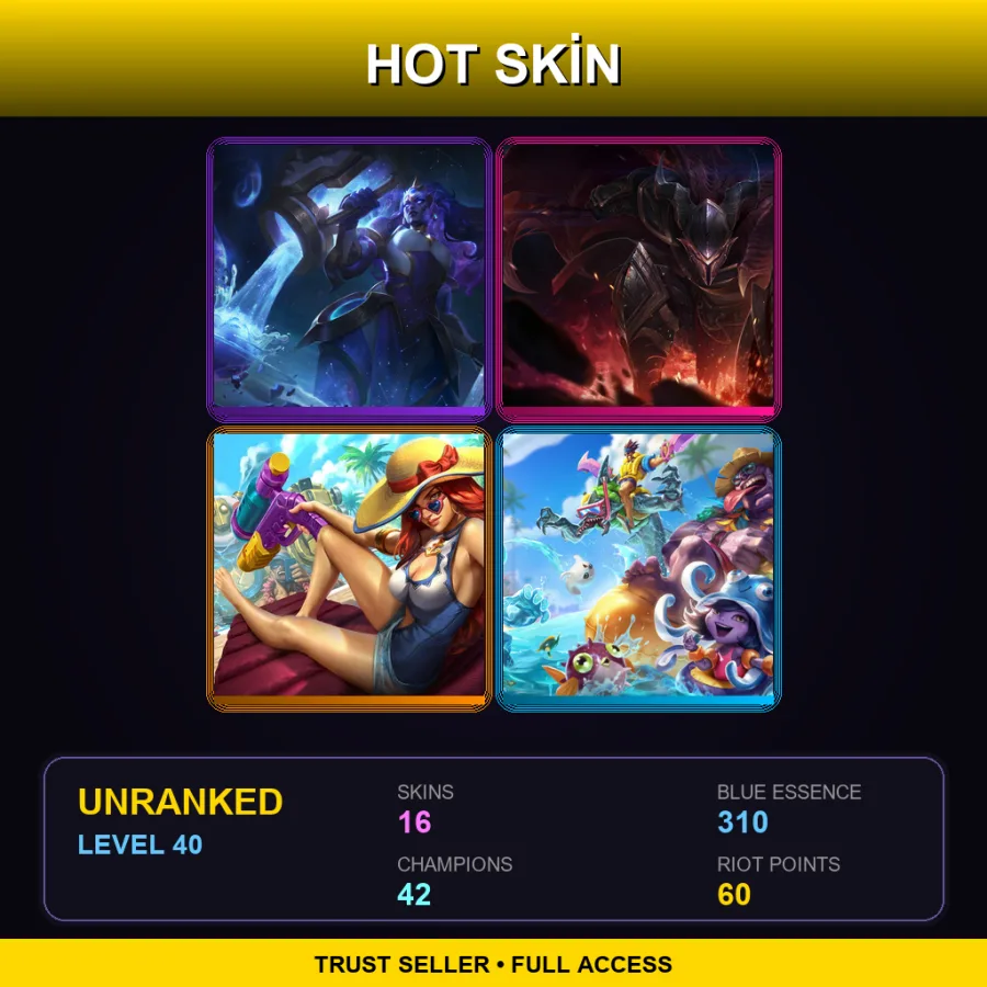 EUW | Cosmic Invoker Illaoi | Dragonslayer Pantheon | Pool Party Miss Fortune | Pool Party Mundo | 16 Skin | 42 Champ | Lv40