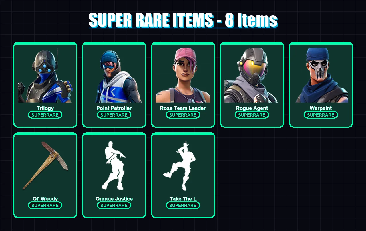 [PS4/PS5/XBOX/PC] | Trilogy | Point Patroller | Rose Team Leader | Rogue Agent | Warpaint | 31 skin | 36 pickaxe | 45 emote | 37 glider | Lv621 — Fortnite account