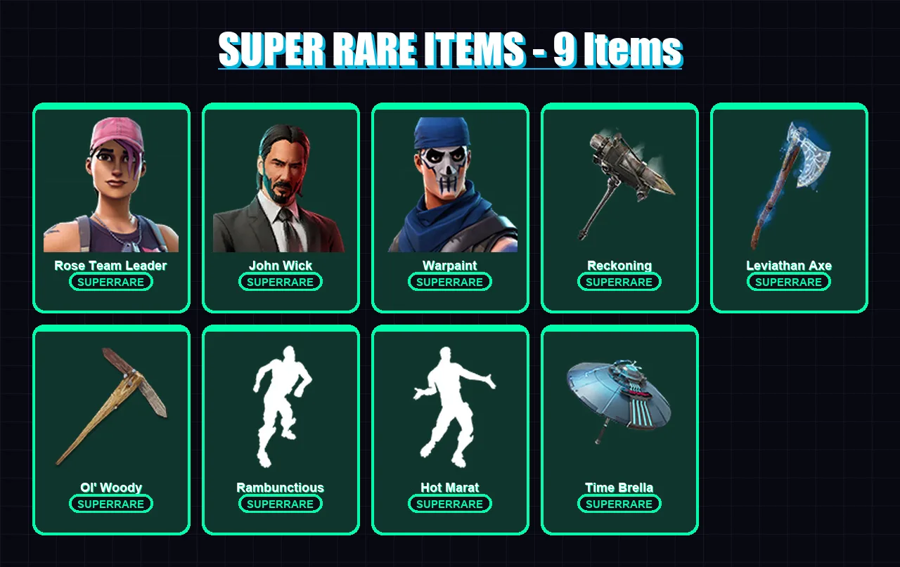 [PC/XBOX] | Rose Team Leader | John Wick | Warpaint | Chomp Sr. | Calamity | 260 skin | 230 pickaxe | 238 emote | 176 glider | Lv3287