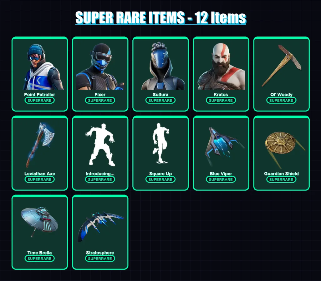 [PS4/PS5/XBOX/PC] | Point Patroller | Fixer | Sultura | Kratos | Mizuki | 64 skin | 75 pickaxe | 63 emote | 48 glider | Lv456
