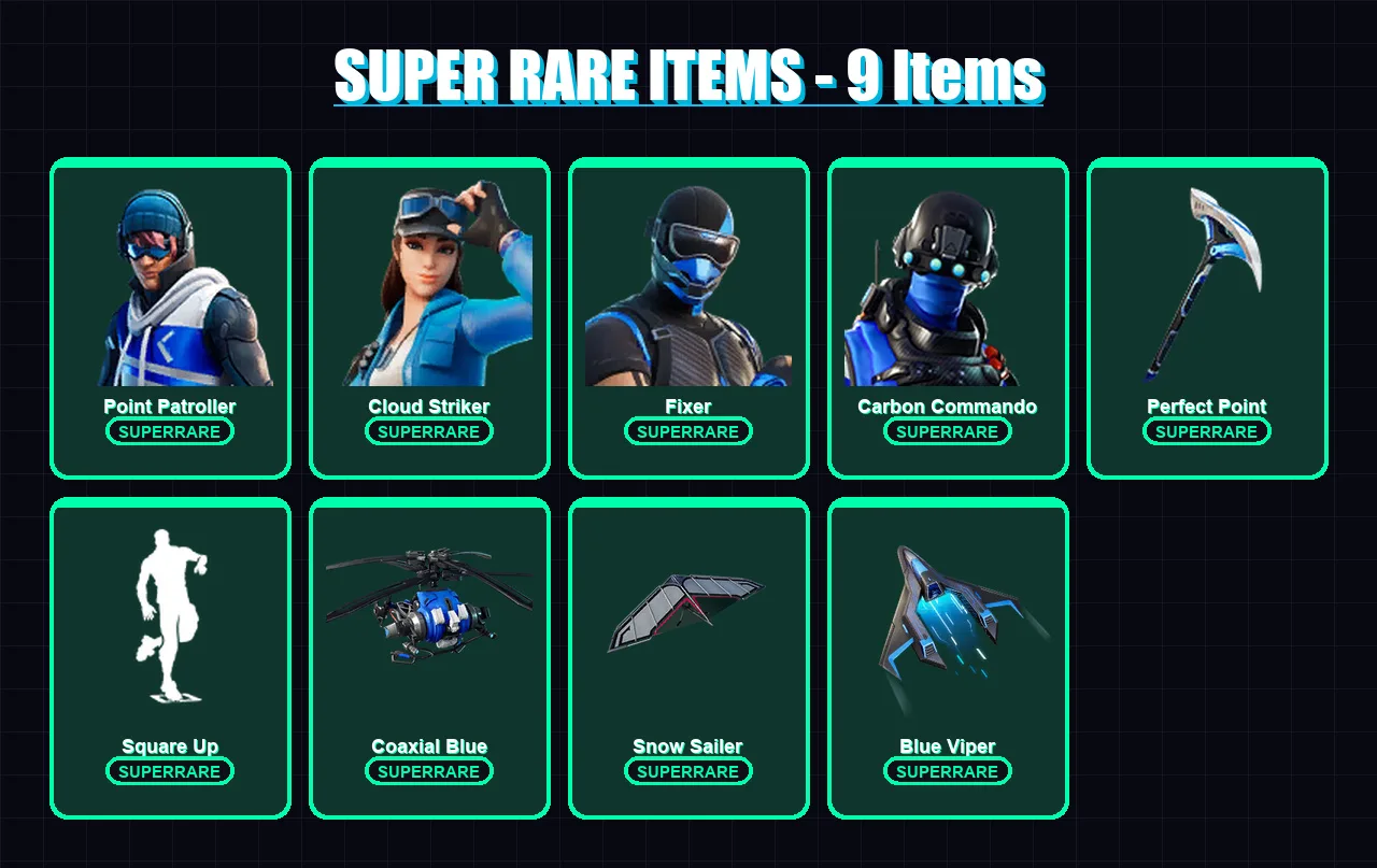 [PS4/PS5/XBOX/PC] | Point Patroller | Cloud Striker | Fixer | Carbon Commando | Polar Peely | 6 skin | 13 pickaxe | 10 emote | 9 glider | Lv174