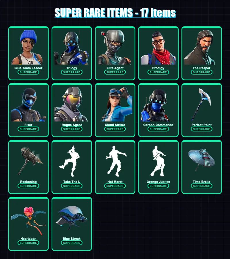 [PS4/PS5/XBOX/PC] | Blue Team Leader | Trilogy | Elite Agent | Prodigy | The Reaper | 100 skin | 99 pickaxe | 98 emote | 103 glider | Lv1792