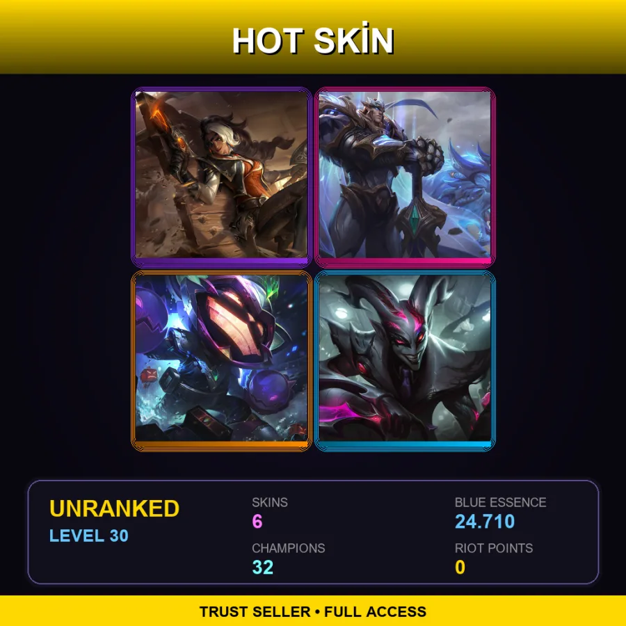 RU | High Noon Samira | God-King Garen | Battle Boss Ziggs | Crime City Nightmare Shaco | 6 Skin | 32 Champ | Lv30