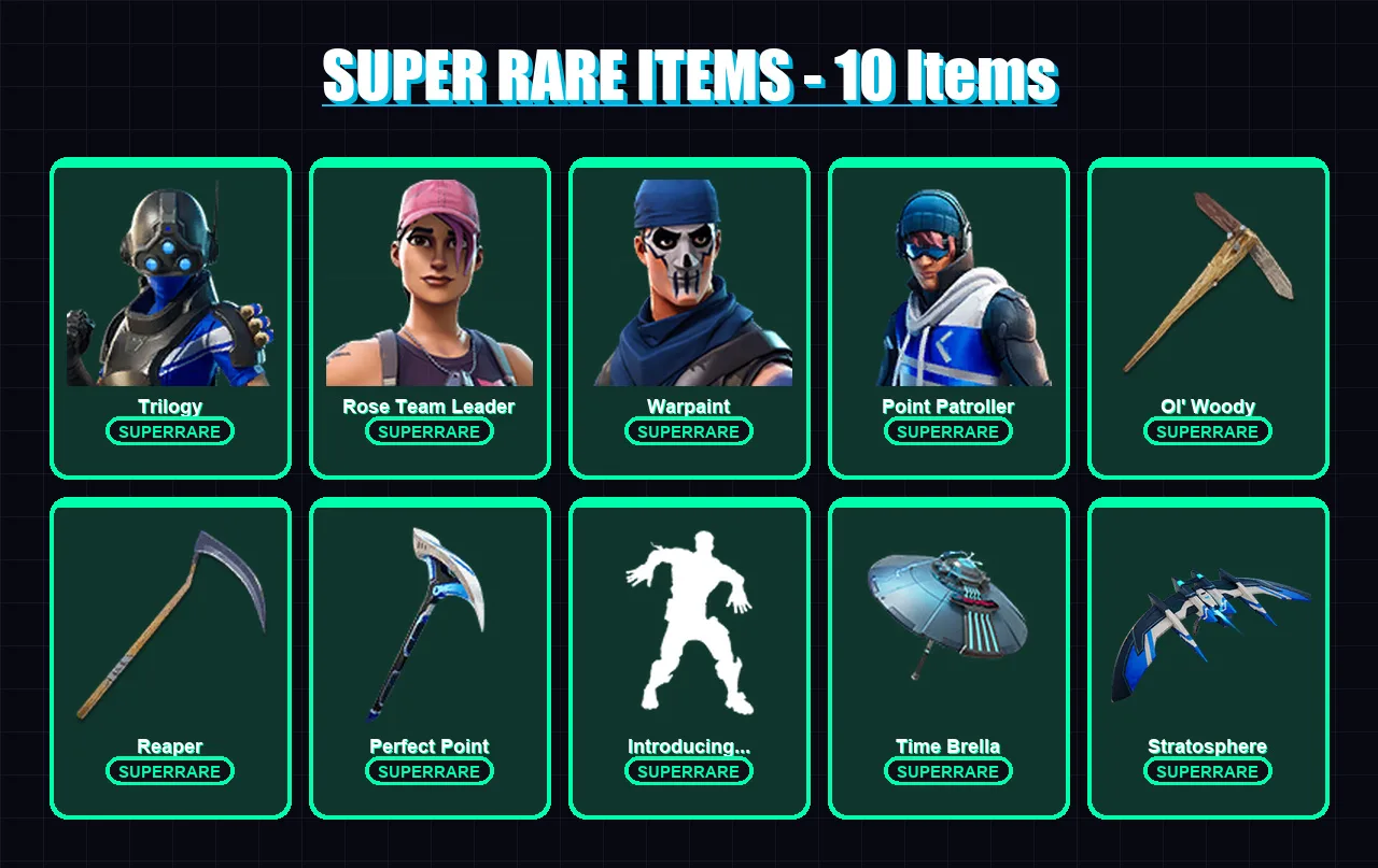 [PS4/PS5/XBOX/PC] | Trilogy | Rose Team Leader | Warpaint | Point Patroller | Joltara | 116 skin | 108 pickaxe | 93 emote | 81 glider | Lv1026