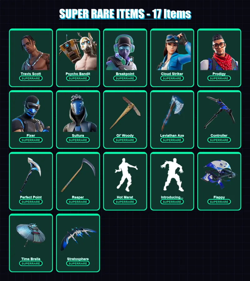 [PS4/PS5/XBOX/PC] | Travis Scott | Psycho Bandit | Breakpoint | Cloud Striker | Prodigy | 166 skin | 189 pickaxe | 164 emote | 155 glider | Lv2923