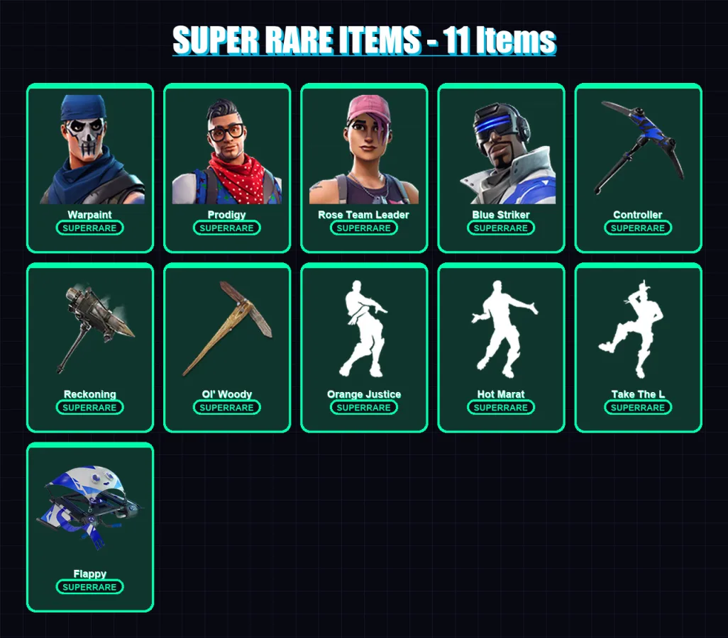 [PS4/PS5/XBOX/PC] | Warpaint | Prodigy | Rose Team Leader | Blue Striker | Carbide | 23 skin | 15 pickaxe | 26 emote | 23 glider | Lv280