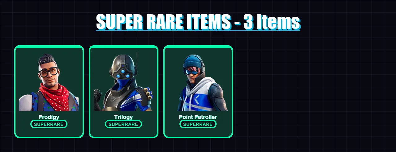 [PC/XBOX] | Prodigy | Trilogy | Point Patroller | Lt. Evergreen | Wooly Warrior | 5 skin | 15 pickaxe | 19 emote | 20 glider | Lv416
