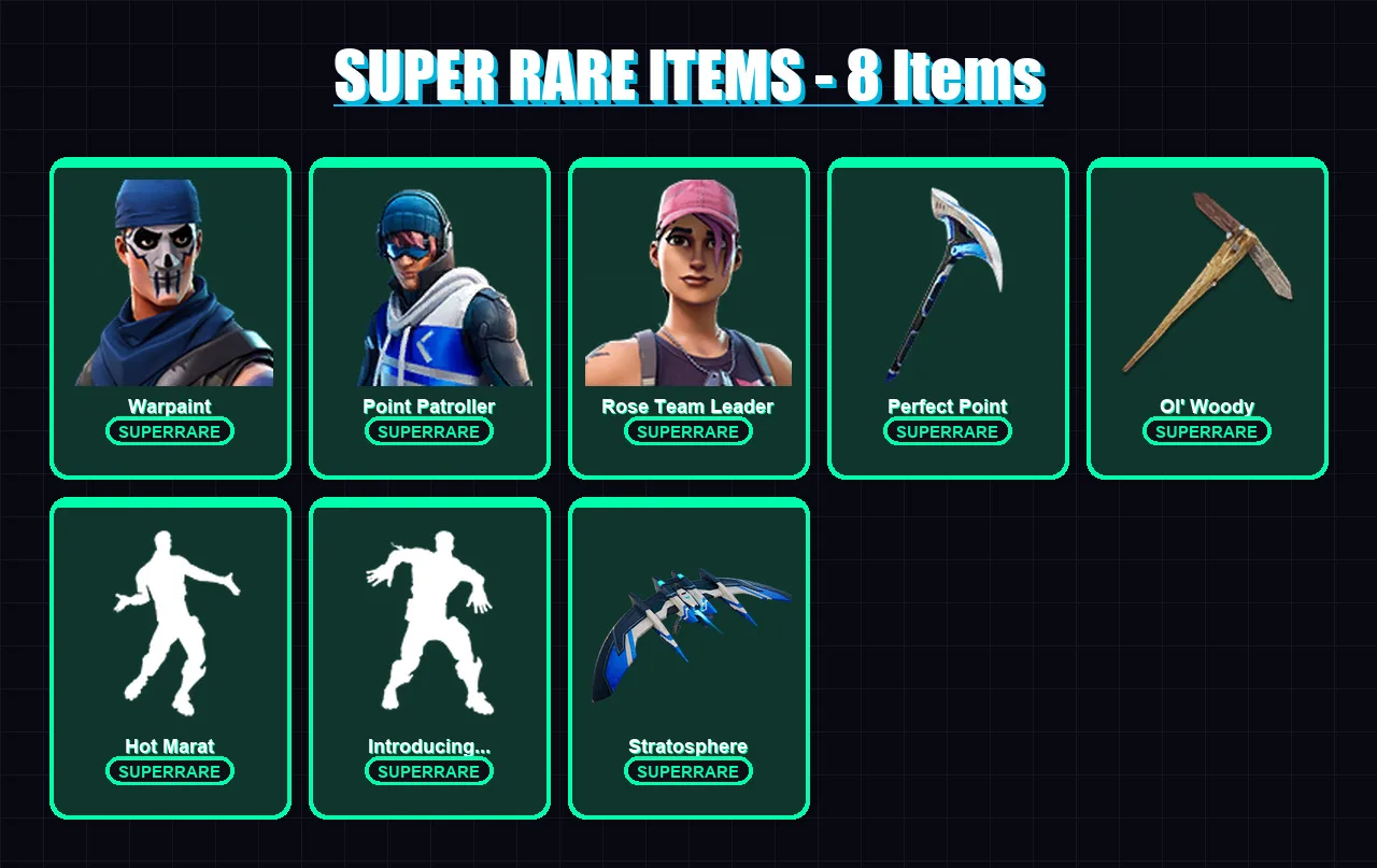 [PS4/PS5/XBOX/PC] | Warpaint | Point Patroller | Rose Team Leader | Eternal Knight | Fade | 147 skin | 188 pickaxe | 155 emote | 149 glider | Lv1924