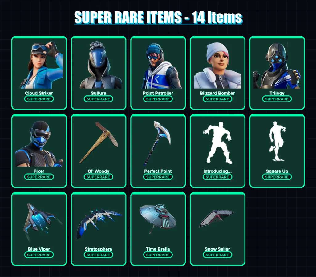 [PC] | Cloud Striker | Sultura | Point Patroller | Blizzard Bomber | Trilogy | 95 skin | 115 pickaxe | 86 emote | 104 glider | Lv1304