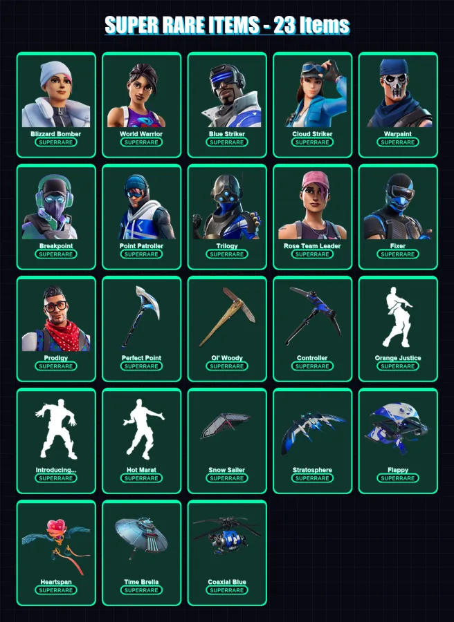 [PC/XBOX] | Blizzard Bomber | World Warrior | Blue Striker | Cloud Striker | Warpaint | 127 skin | 191 pickaxe | 168 emote | 163 glider | Lv2585