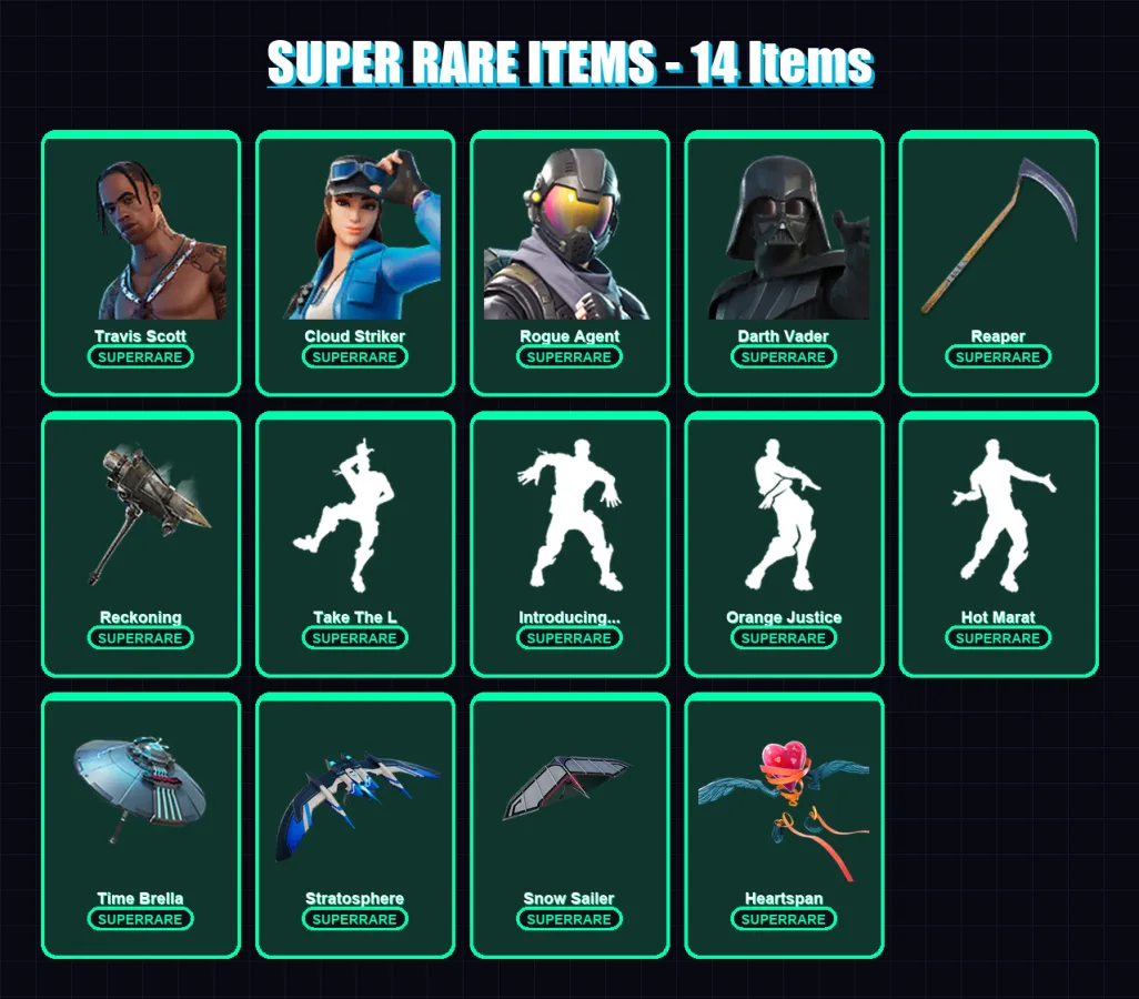 [PC] | Travis Scott | Cloud Striker | Rogue Agent | Darth Vader | The Ice King | 174 skin | 193 pickaxe | 162 emote | 170 glider | Lv3075